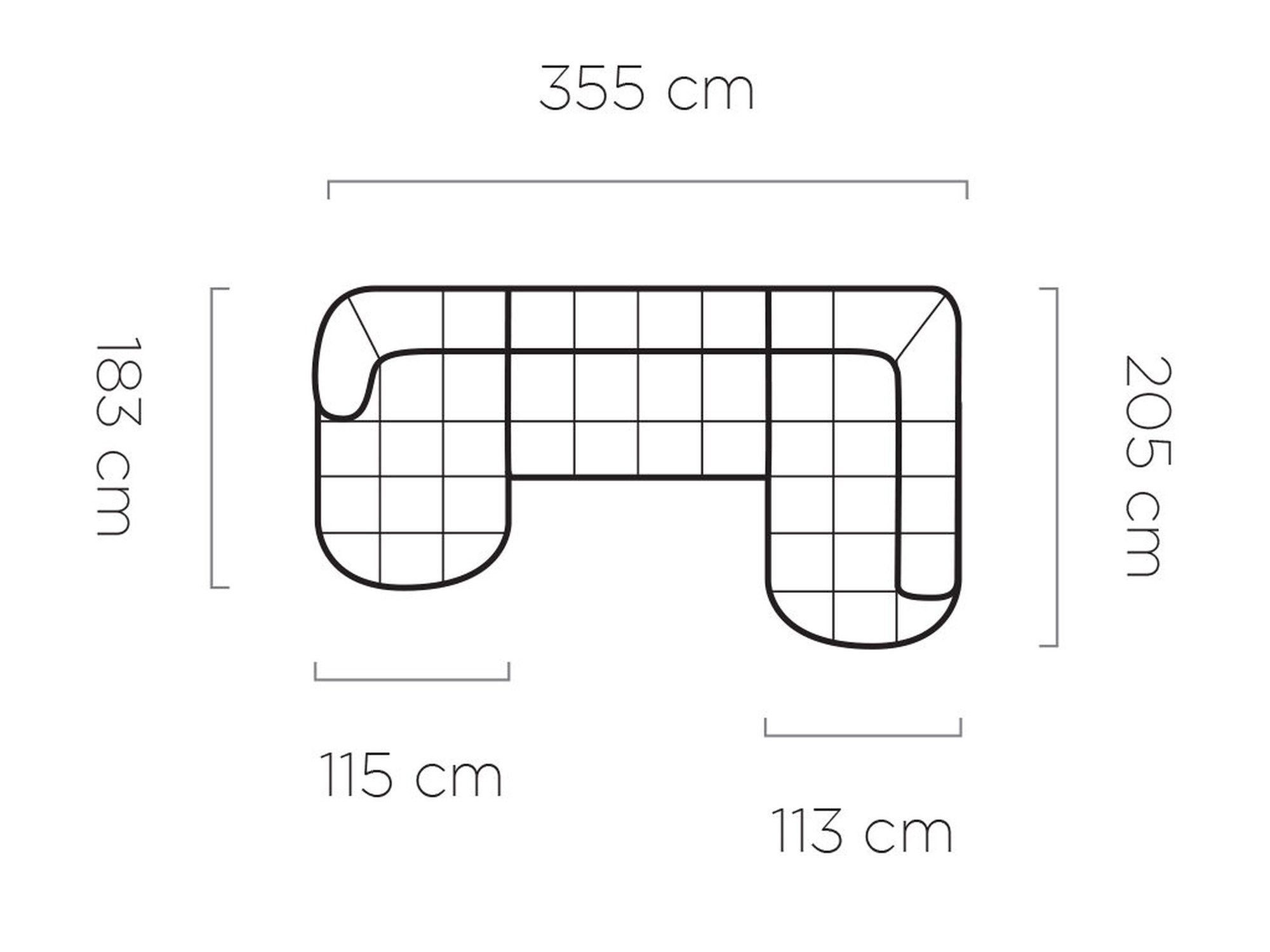 Rzut z góry narożnika Velaro 355 cm z wymiarami ramion