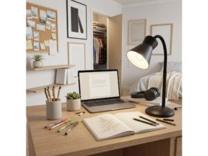 Miniaturka 2 - Czarna lampka biurkowa Ematina na biurku obok laptopa