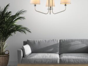Miniaturka 5 - Lampa wisząca Evadia białe abażury w salonie z szarą sofą