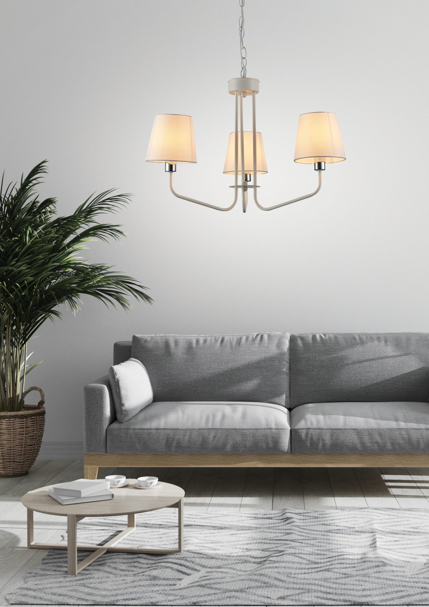 Lampa wisząca Evadia białe abażury w salonie z szarą sofą
