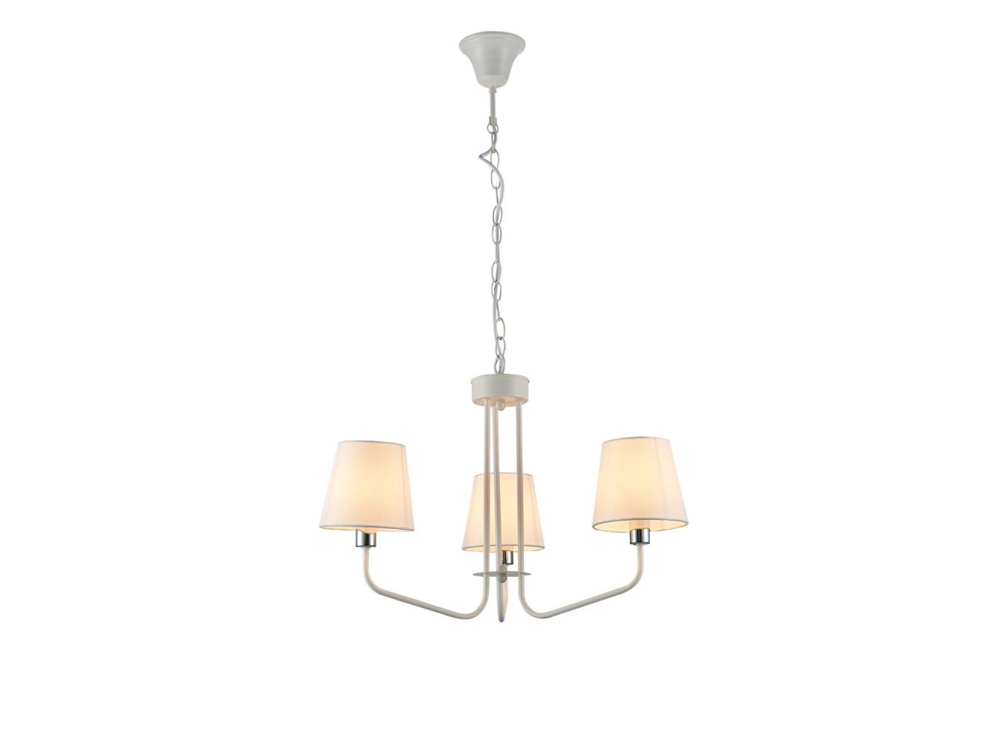 Lampa wisząca Evadia trzy białe abażury na jasnym stelażu na białym tle