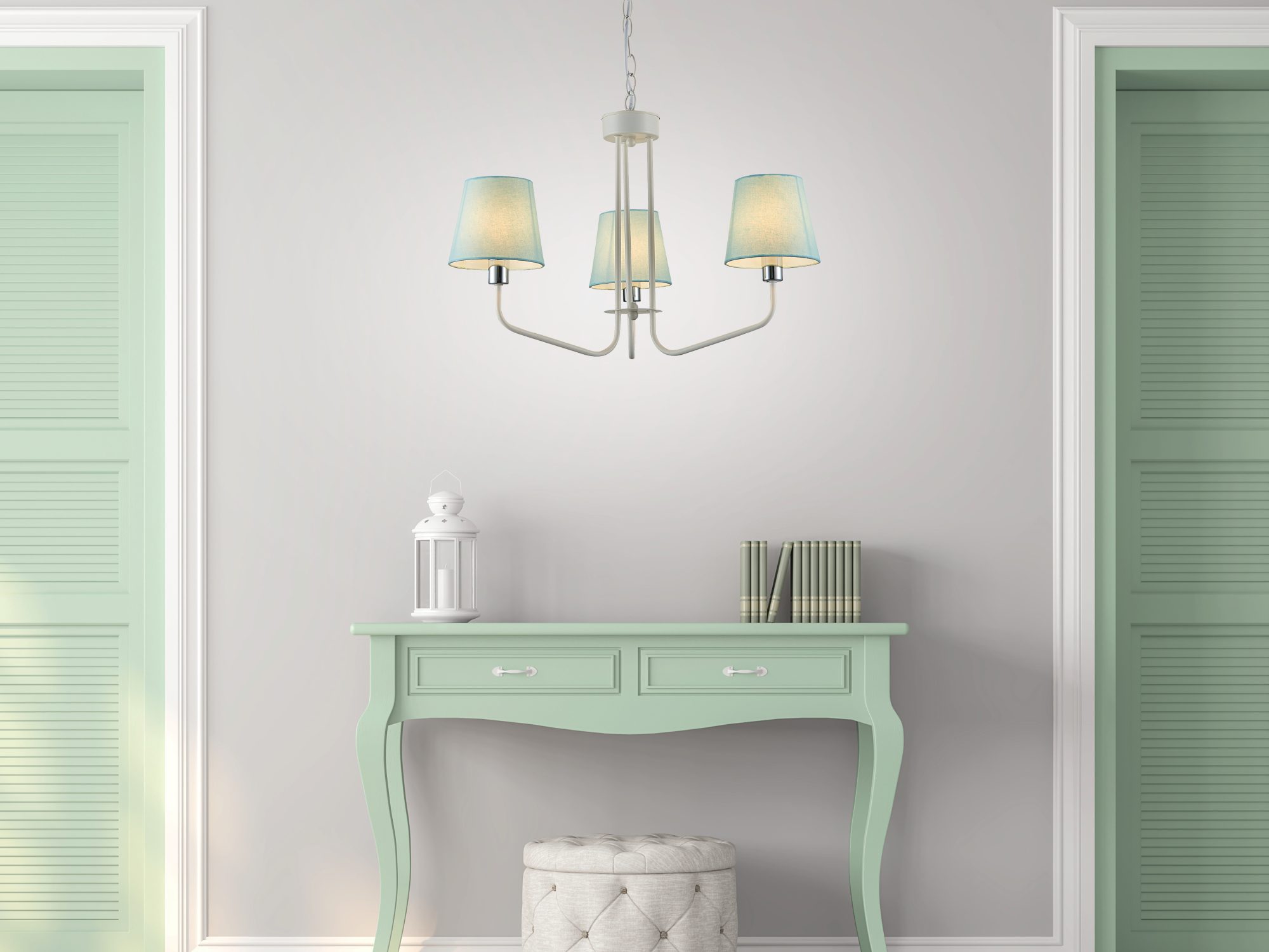 Lampa wisząca Evadia niebieskie abażury w pastelowym wnętrzu