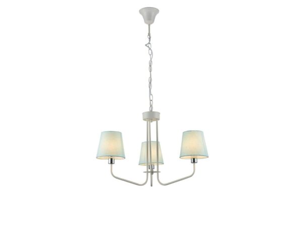 Lampa wisząca Evadia trzy niebieskie abażury na białym stelażu na białym tle