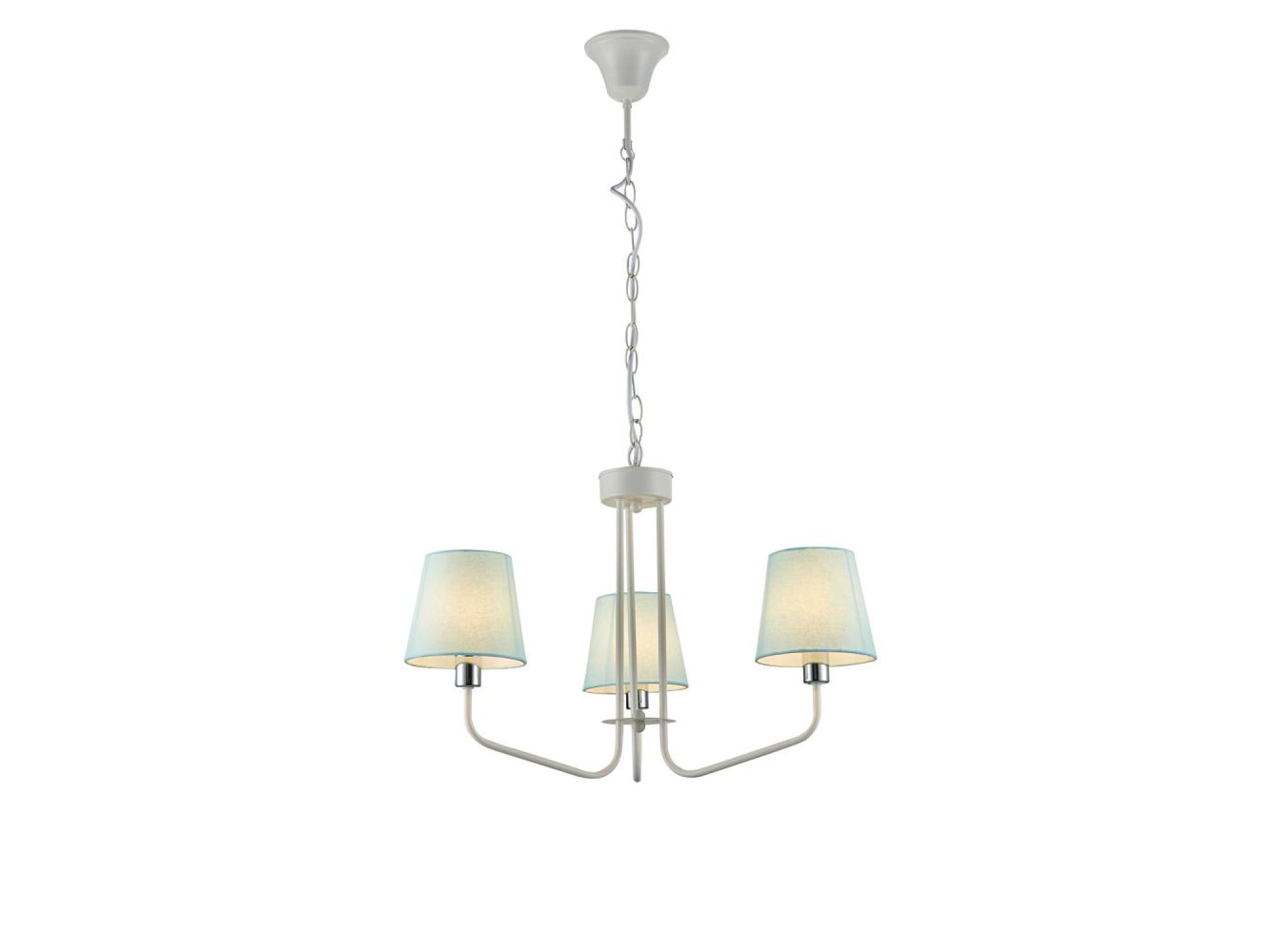 Lampa wisząca Evadia trzy niebieskie abażury na białym stelażu na białym tle