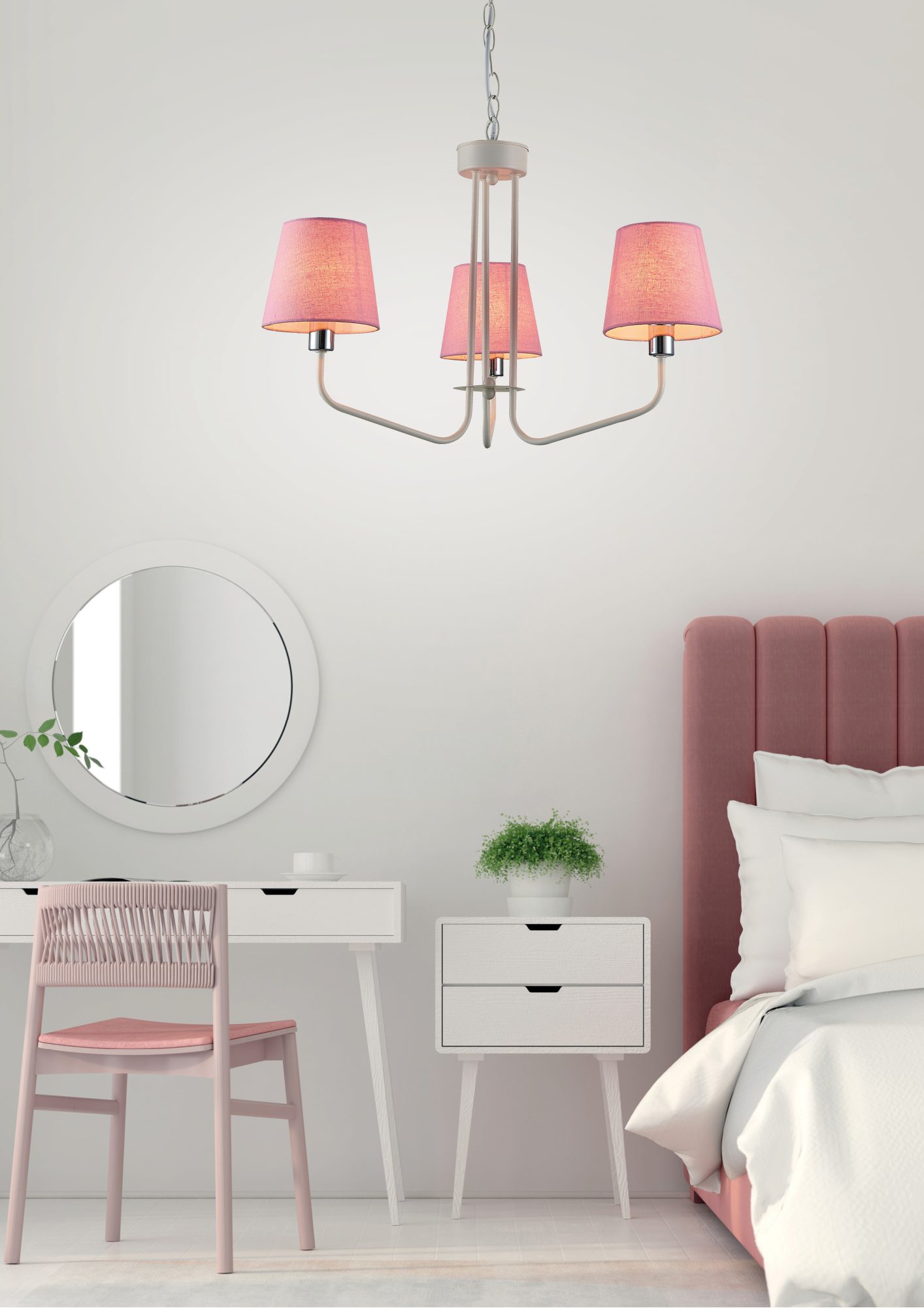 Lampa wisząca Evadia różowe abażury w jasnej sypialni