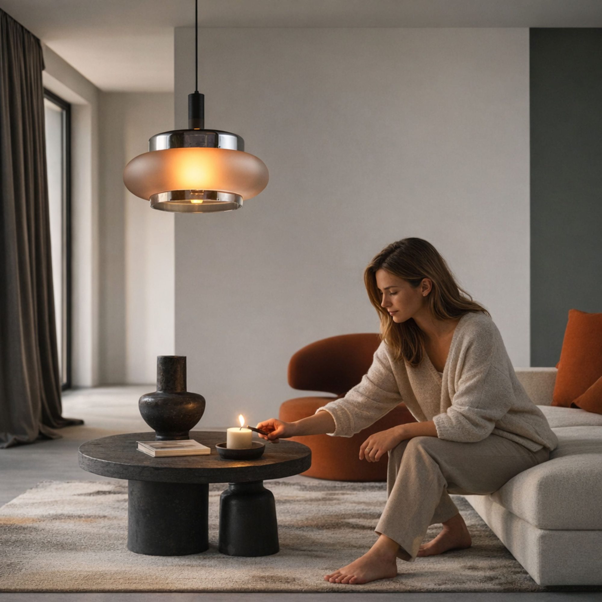 Lampa Evodino z dymionym kloszem nad stolikiem w salonie