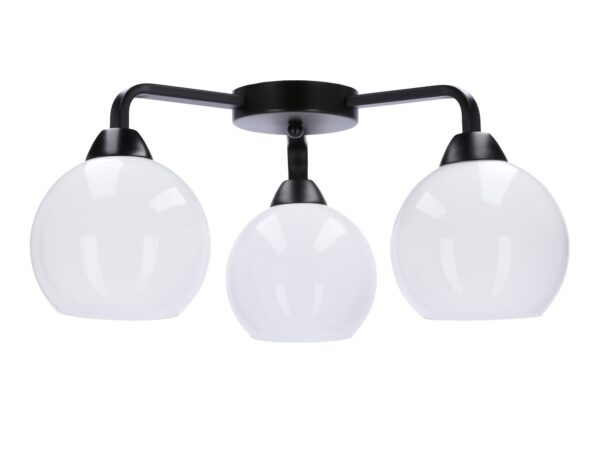 Lampa sufitowa Evotio z czarnym stelażem i trzema białymi kulistymi kloszami