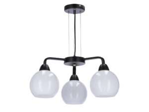 Miniaturka 2 - Lampa wisząca Evotio z trzema białymi szklanymi kloszami na czarnym stelażu