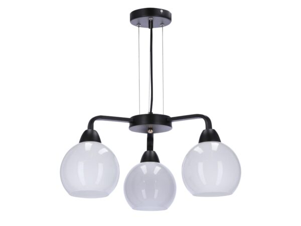 Lampa wisząca Evotio z trzema białymi szklanymi kloszami na czarnym stelażu