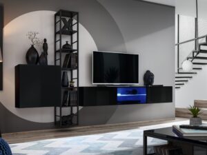 Miniaturka 4 - Meblościanka Kelmoro 270 cm w salonie – czarny regał i niebieskie LED