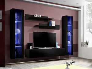 Miniaturka 2 - Meblościanka Flavero 260 cm czarny czarny połysk 2 witryny LED