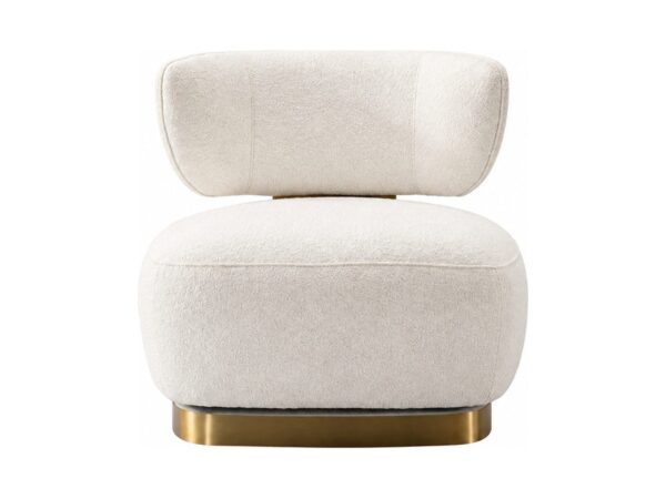 Fotel Zenith w ecru boucle na złotej okrągłej podstawie — widok z przodu