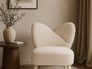 Miniaturka 5 - Fotel Edinburgh boucle beżowy – aranżacja z drewnianym stolikiem