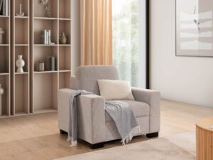 Miniaturka 5 - Aranżacja salonu z jasnoszarym fotelem Lucavio i regałem