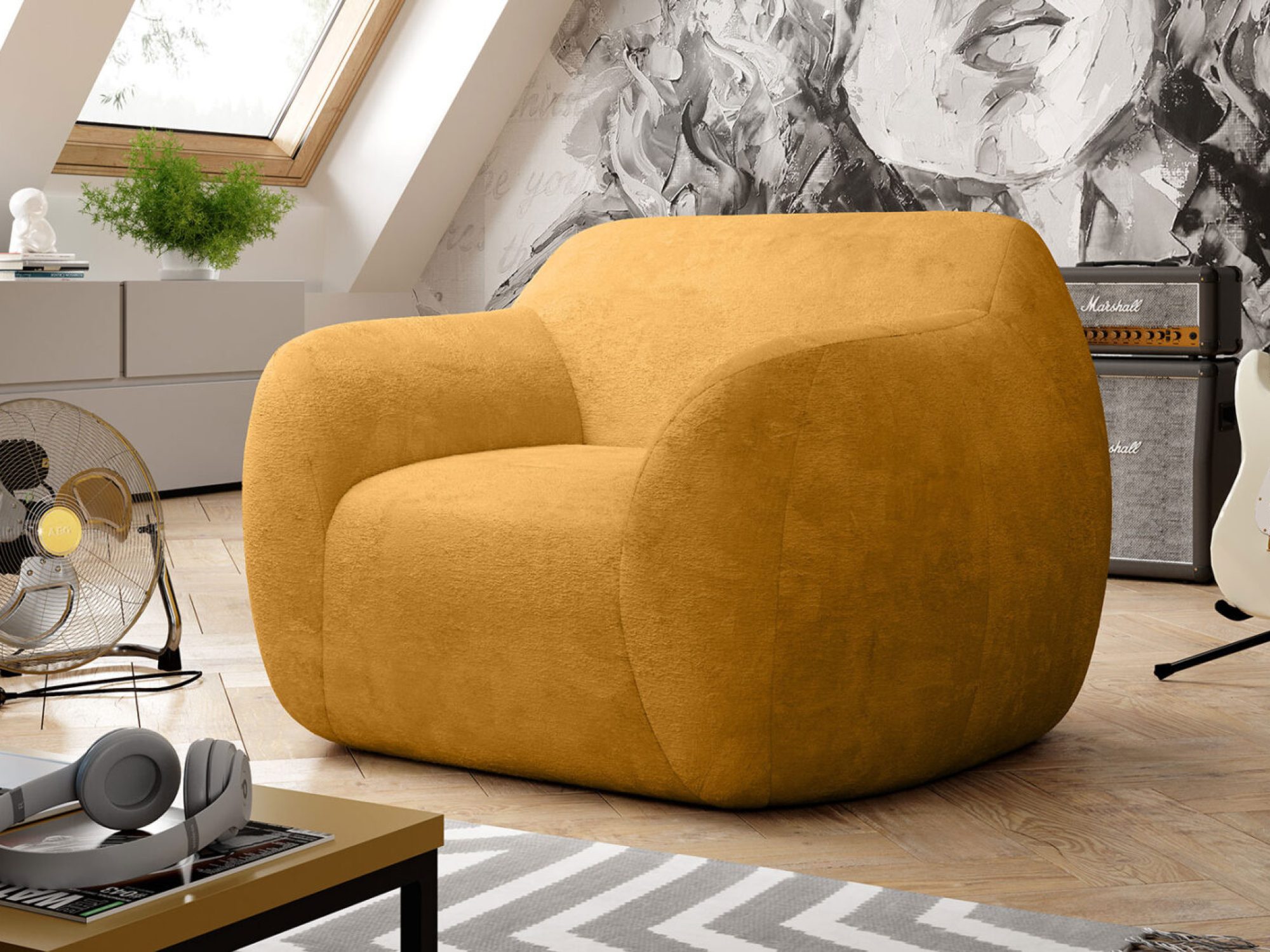 Fotel tapicerowany Mirello 117 cm w aranżacji wnętrza