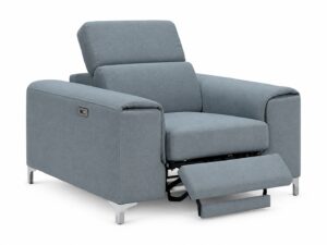 Miniaturka 4 - Fotel Nobravio 130 cm z elektrycznym relaksem i wysuniętym podnóżkiem, niebieskoszara tkanina, na białym tle