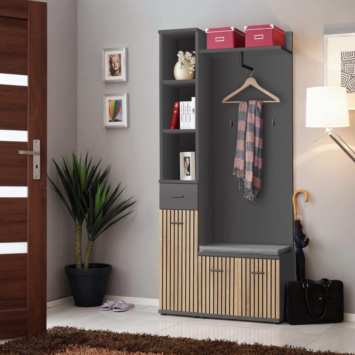 Garderoba do przedpokoju Marivo 90 cm antracyt dąb artisan