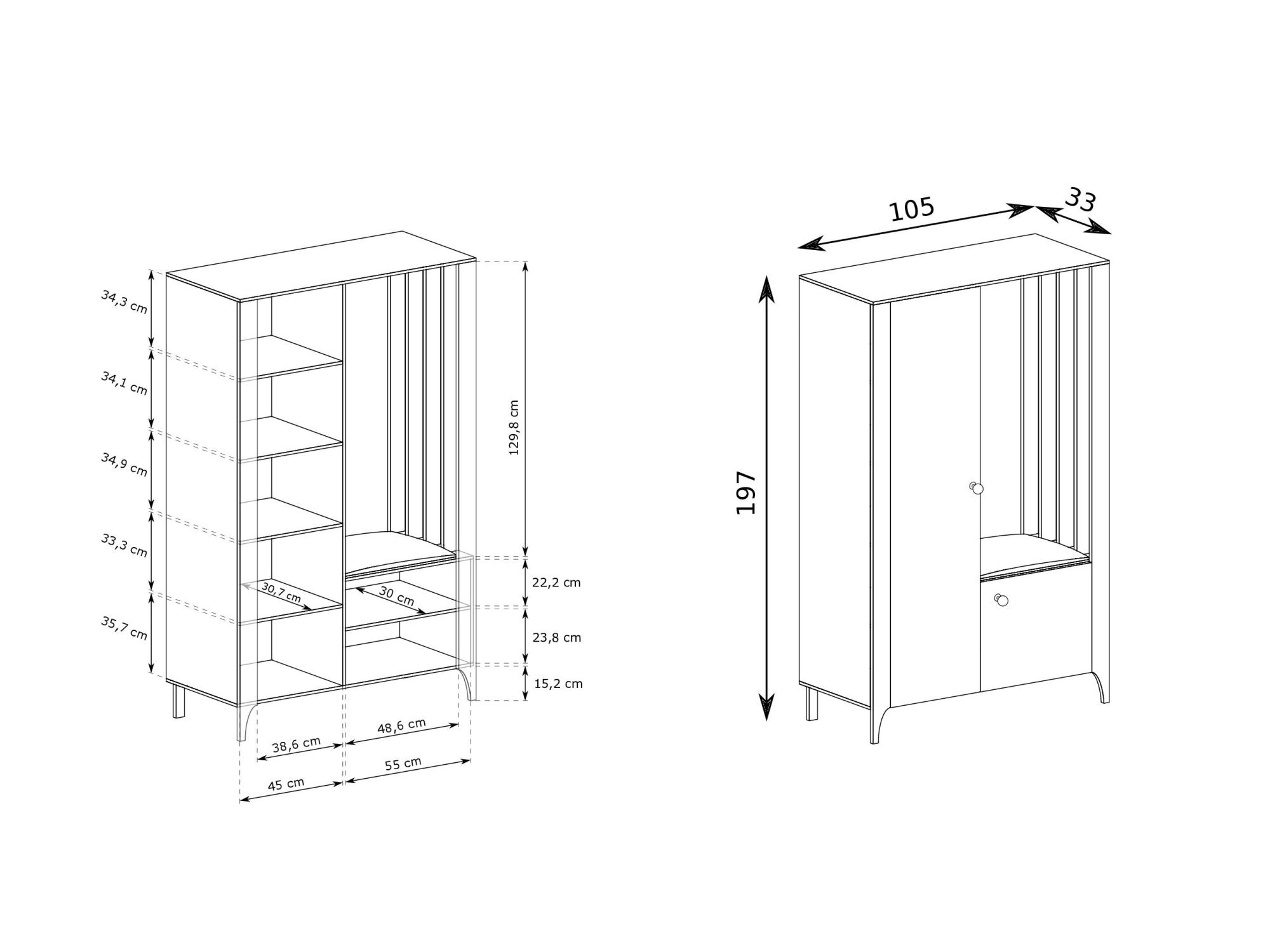 Schemat garderoby Fenita 105 na 33 na 197 cm z układem półek