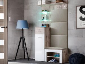 Miniaturka 5 - Garderoba z panelem LED ławką i poduszką Melvoro 100 cm dąb Wellington biała