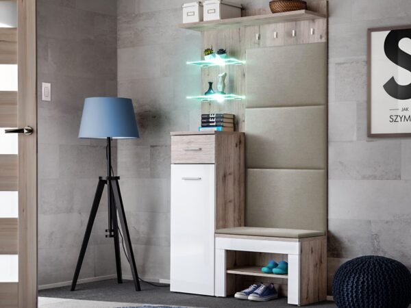 Garderoba z panelem LED ławką i poduszką Melvoro 100 cm dąb Wellington biała