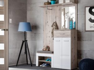 Miniaturka 4 - Garderoba z lustrem ławką i poduszką Melvoro 120 cm dąb Wellington biała