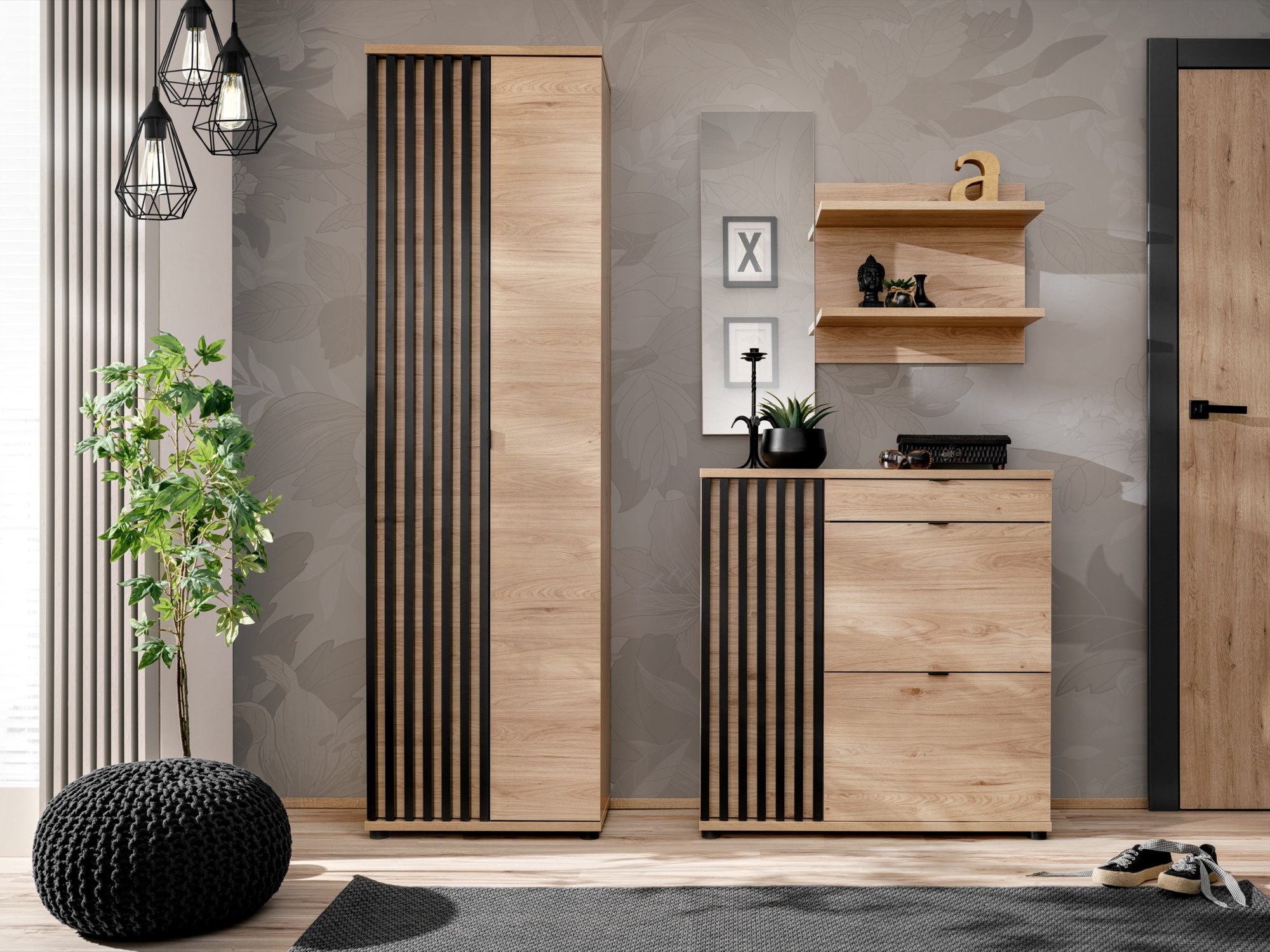 Garderoba z szafą lustrem i komodą Pedrivo 160 cm Hickory Jackson