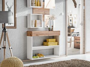 Miniaturka 1 - Szafka z drewnianym blatem biała żółte pudełka