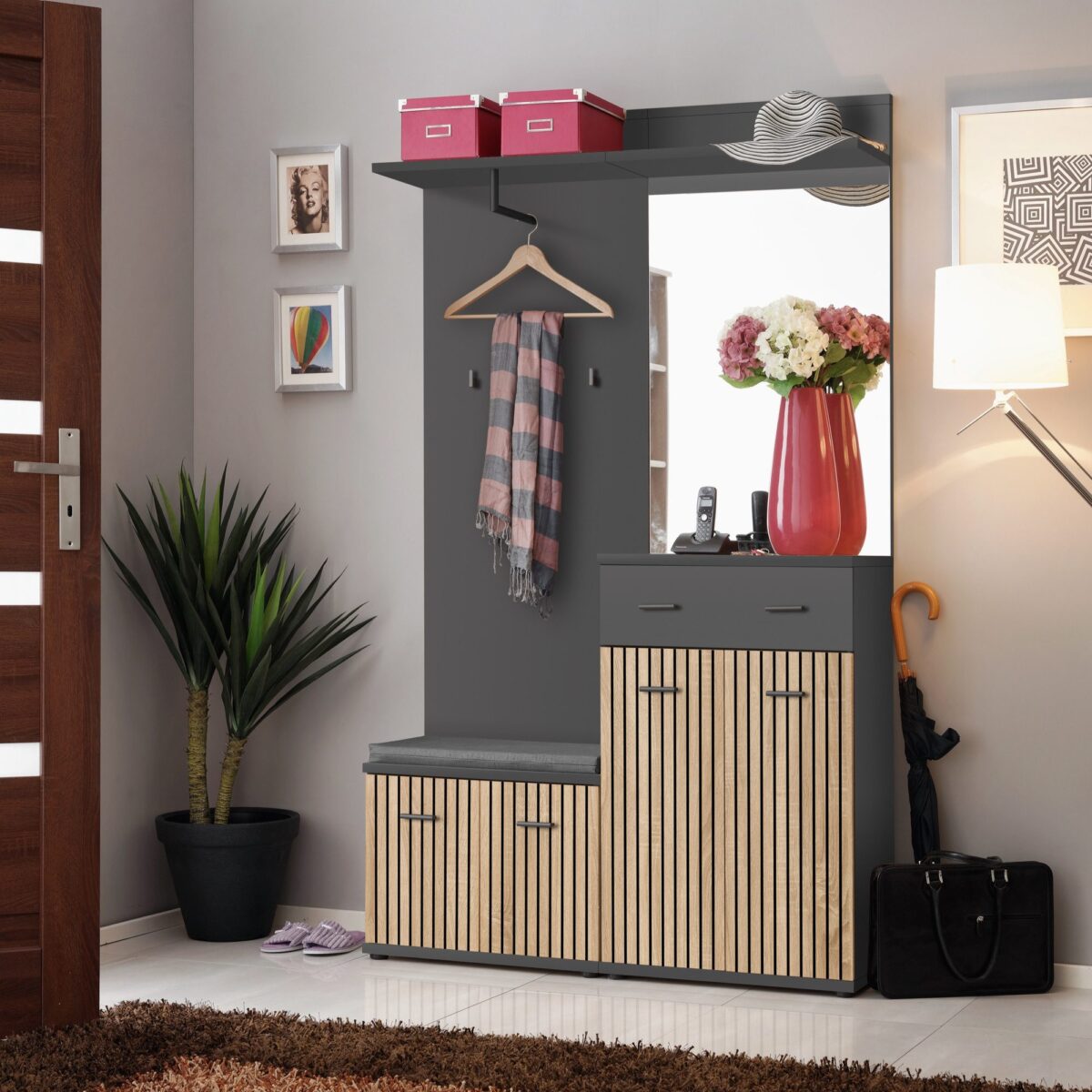 Garderoba z lustrem i poduszką Marivo 120 cm antracyt dąb artisan