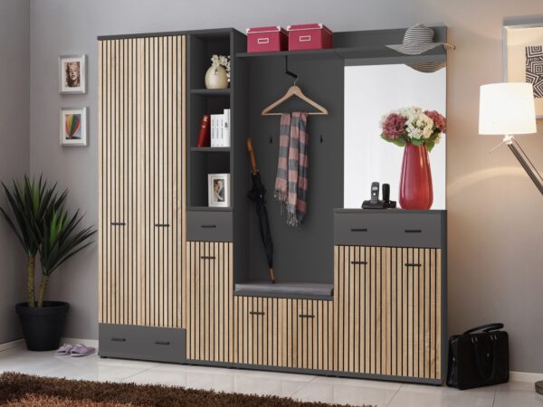Garderoba z lustrem i poduszką Marivo 210 cm antracyt dąb artisan w aranżacji przedpokoju