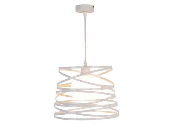 Lampa wisząca Helivina biała z kulistym kloszem i spiralną metalową osłoną
