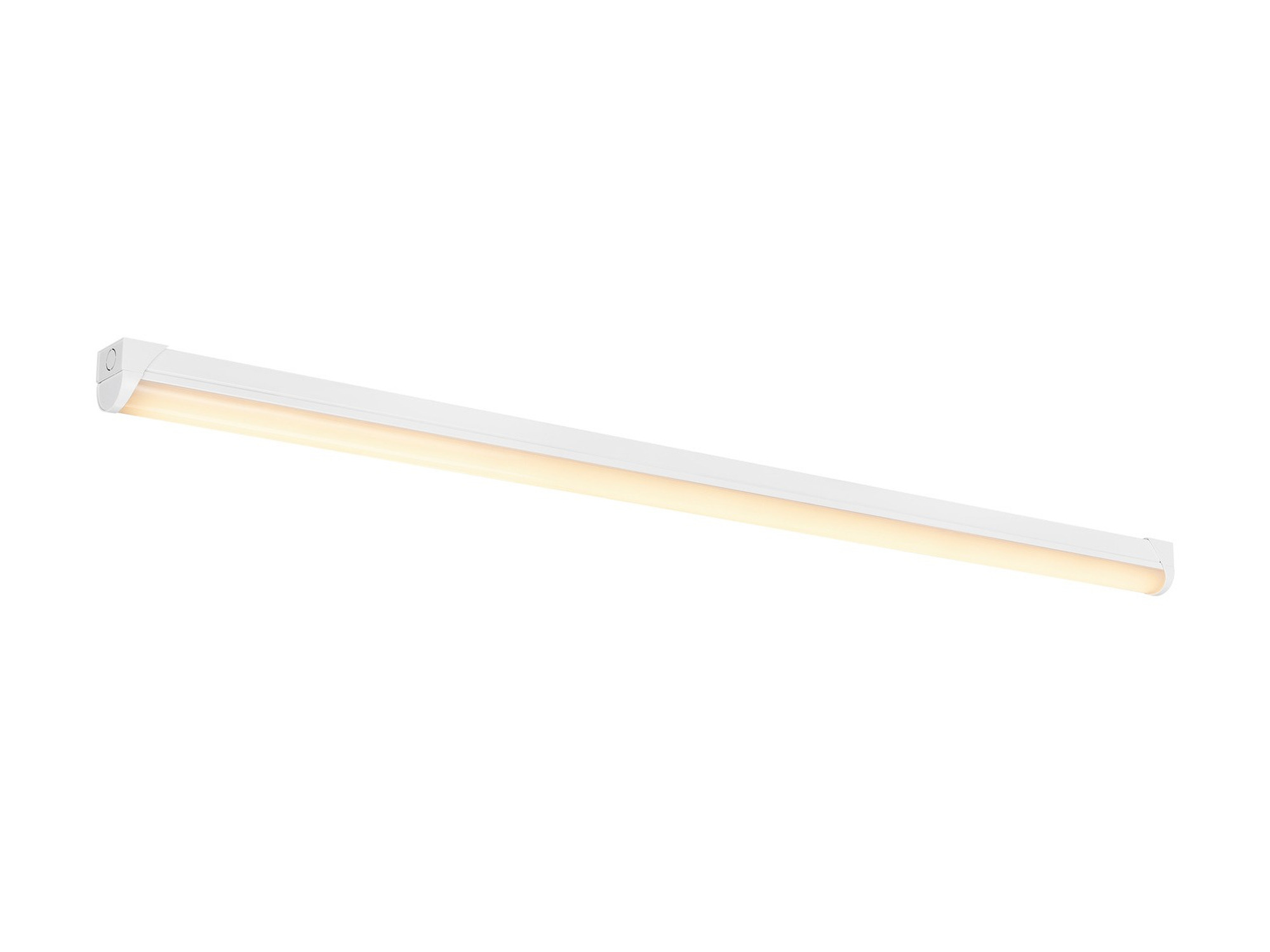 Biała oprawa liniowa LED Industry Batten V 152 cm z ciepłym światłem na białym tle