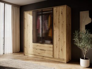 Miniaturka 22 - Szafa Kardena dąb artisan – aranżacja z przeszklonymi drzwiami i wnętrzem z drążek