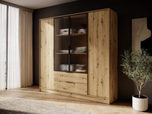Miniaturka 23 - Szafa Kardena dąb artisan – aranżacja z przeszklonymi drzwiami i wnętrzem z półki