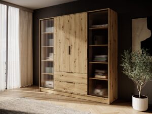 Miniaturka 11 - Szafa Kardena dąb artisan – szklane boki i drewnopodobne fronty w sypialni