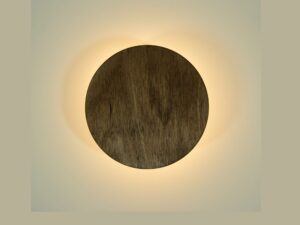 Miniaturka 1 - Kinkiet Drop LED Wood ciemny orzech, okrągła tarcza ze sklejki i podświetlenie wokół krawędzi