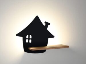 Miniaturka 7 - Czarny kinkiet LED domek z podświetleniem i drewnianą półką