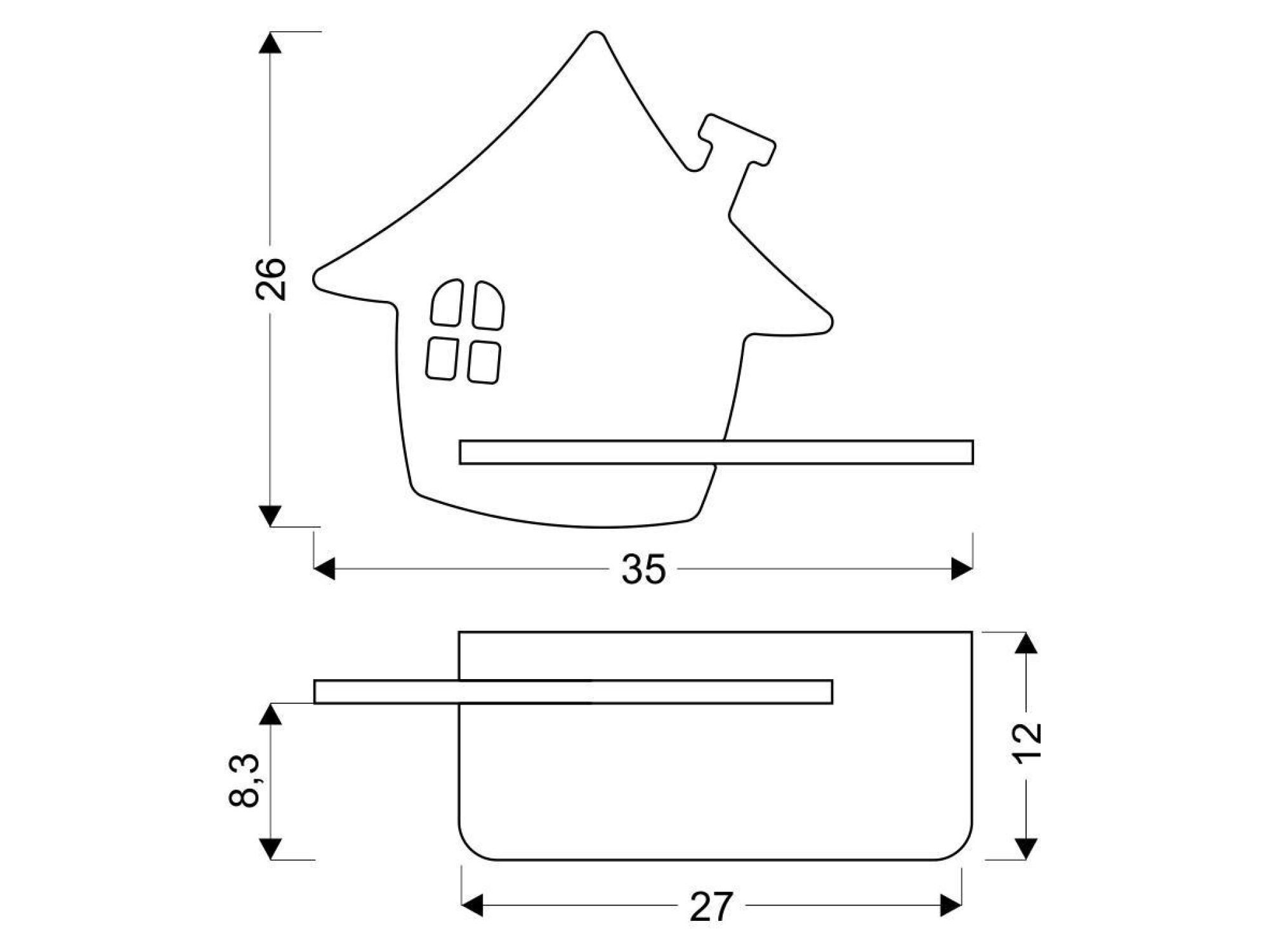 Rysunek wymiarowy kinkietu domek LED 35 na 26 na 12 cm