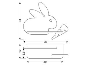 Miniaturka 3 - Rysunek wymiarowy kinkietu LED z królikiem i półką, szerokość 37 cm i wysokość 31 cm