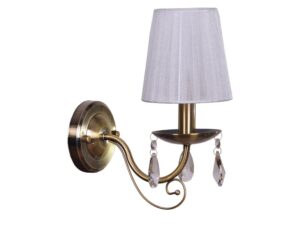 Miniaturka 2 - Patynowany kinkiet Loresio E14 z białym tasiemkowym abażurem i szklanymi ozdobami