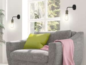 Miniaturka 1 - Dwa kinkiety Lumonela z żarówkami przy szarej sofie