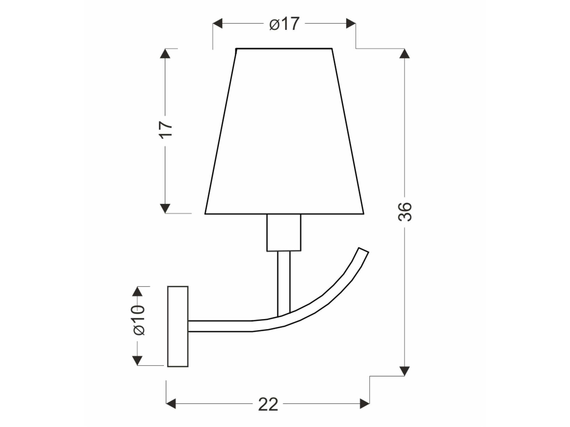 Rysunek wymiarowy kinkietu Nevora wysokość 36 cm i wysięg 22 cm