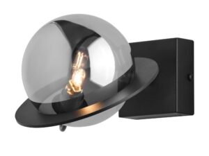 Miniaturka 1 - Kinkiet Planet z przydymionym kloszem oraz czarną oprawą z niklowanym detalem