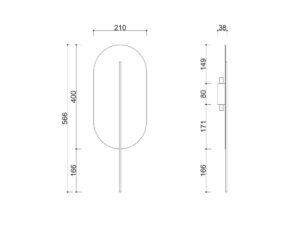 Miniaturka 3 - Rysunek techniczny kinkietu ROKKE: szerokość 21 cm, wysokość 56,6 cm, głębokość 3,8 cm