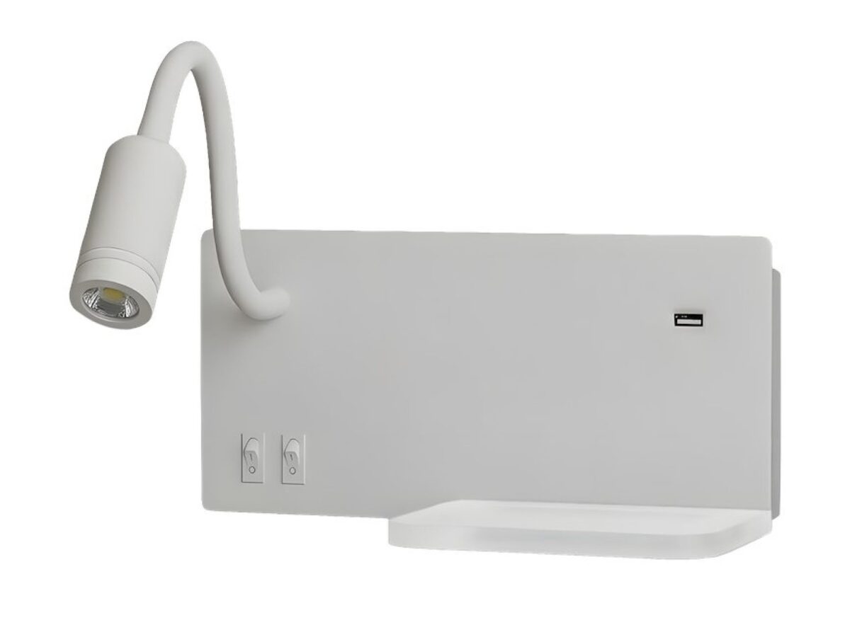 Kinkiet LED Silesona lewy z półką i USB 26 cm