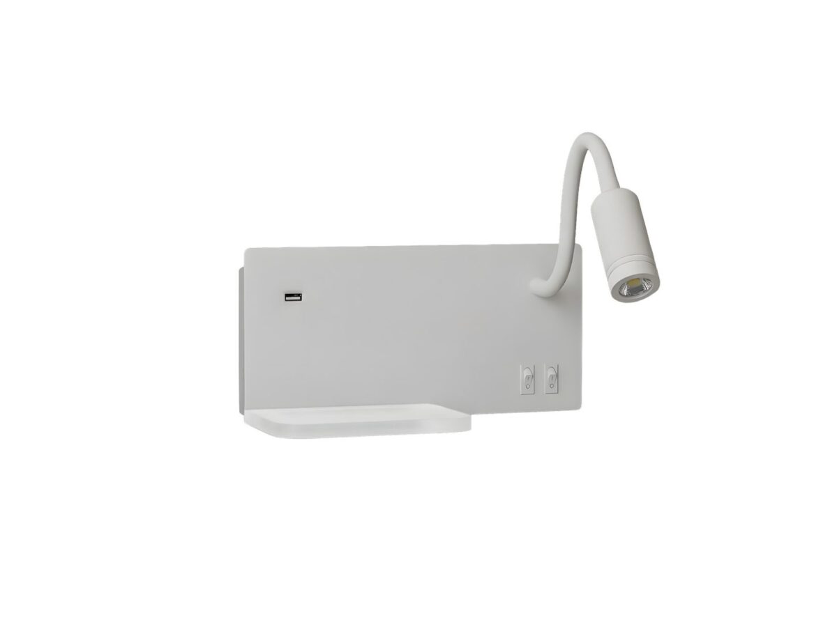 Kinkiet LED Silesona prawy z półką i USB 26 cm