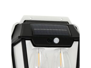 Miniaturka 1 - Zbliżenie czarnego kinkietu solarnego z panelem i dwoma kloszami LED