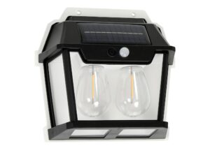 Miniaturka 6 - Kinkiet solarny z dwoma punktami LED czarny z panelem słonecznym na białym tle