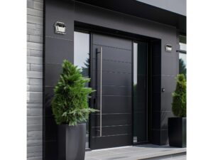 Miniaturka 3 - Dwa czarne kinkiety solarne LED przy drzwiach wejściowych