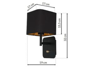 Miniaturka 5 - Rysunek wymiarowy czarnego kinkietu Solivio z abażurem szerokości 17 cm