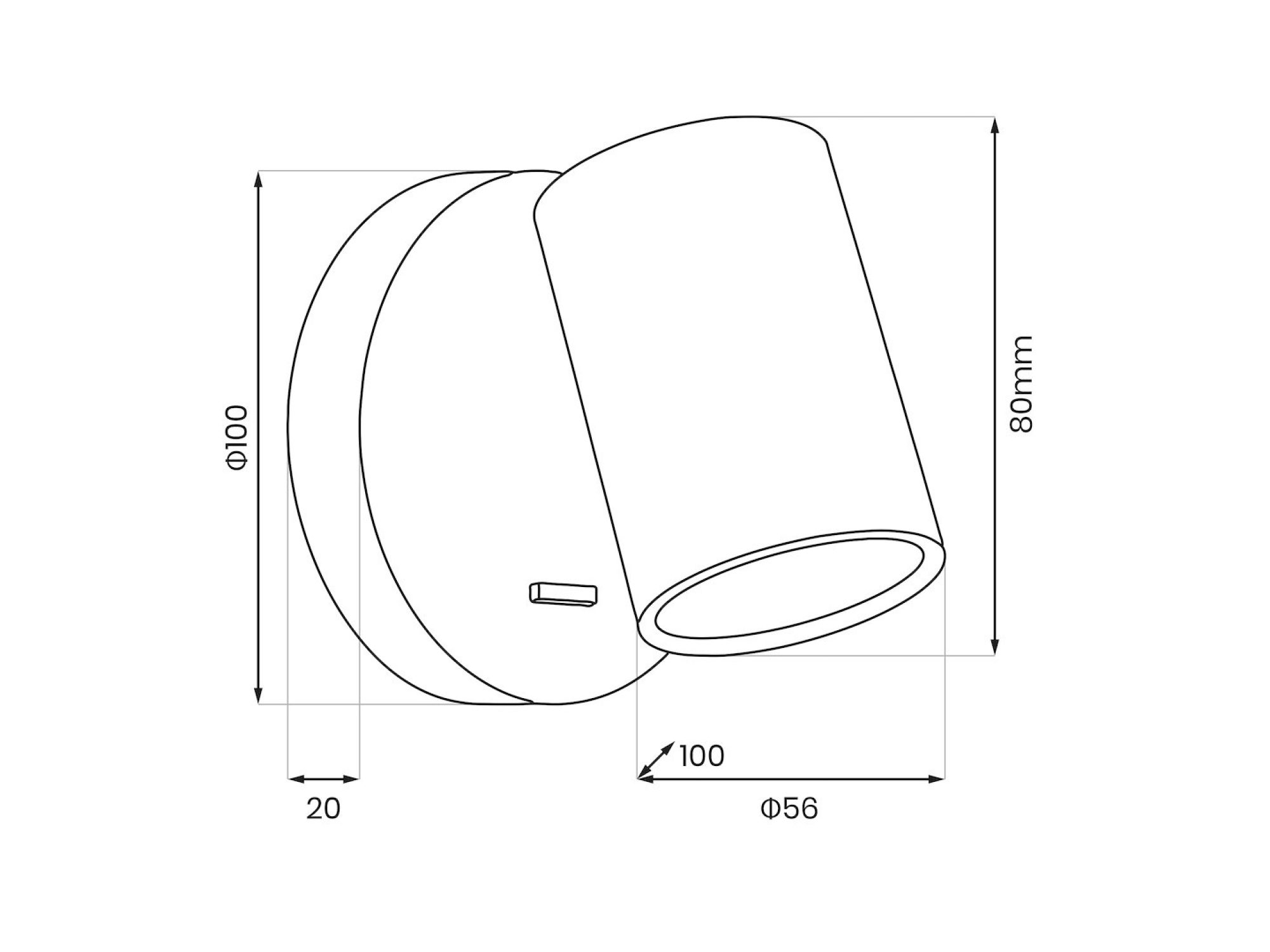 Schemat wymiarowy kinkietu Vesavia z włącznikiem, tuba 8 cm i okrągła podstawa 10 cm